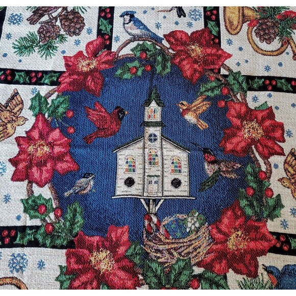 Christmas Tapestry Throw Blanket 54 X 45 Poinsettias Bird Houses Brass Horns Vtg - Picture 6 of 9